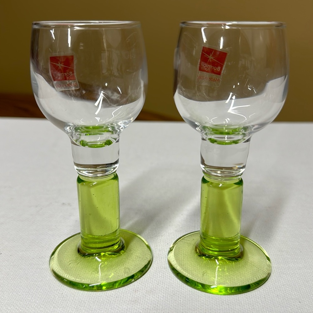 Bormioli Rocco LIMONCINO Cordial/Shot 2 oz Green Footed Glasses Italy Set of 2